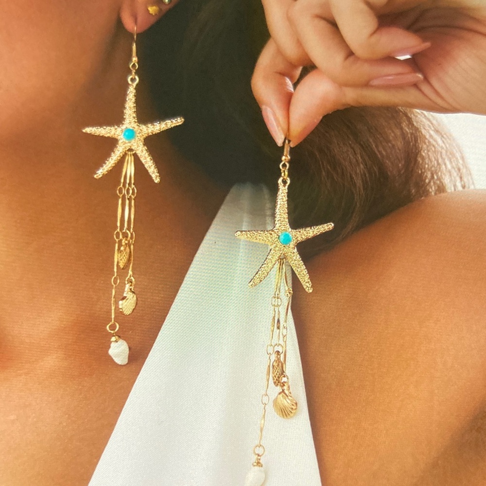 Turquoise-Accented Starfish Drop Earrings